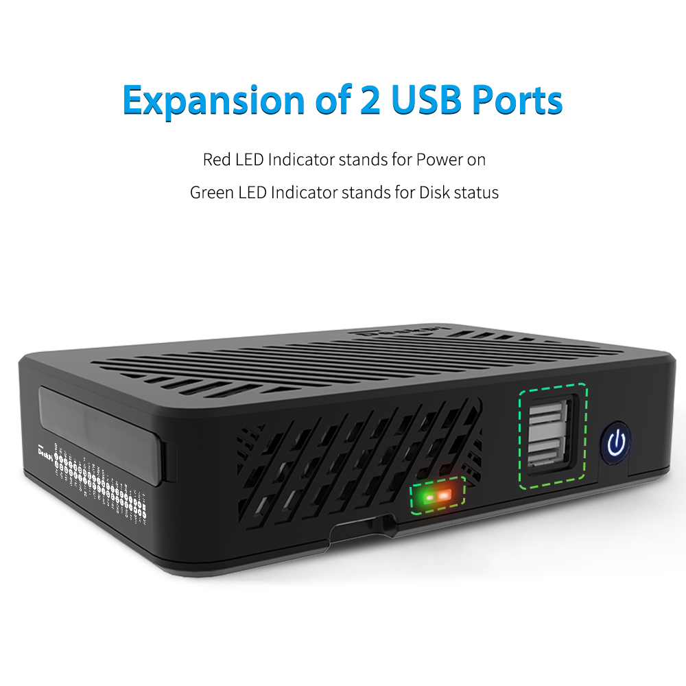 DeskPi Lite front USB expansion and status LEDs