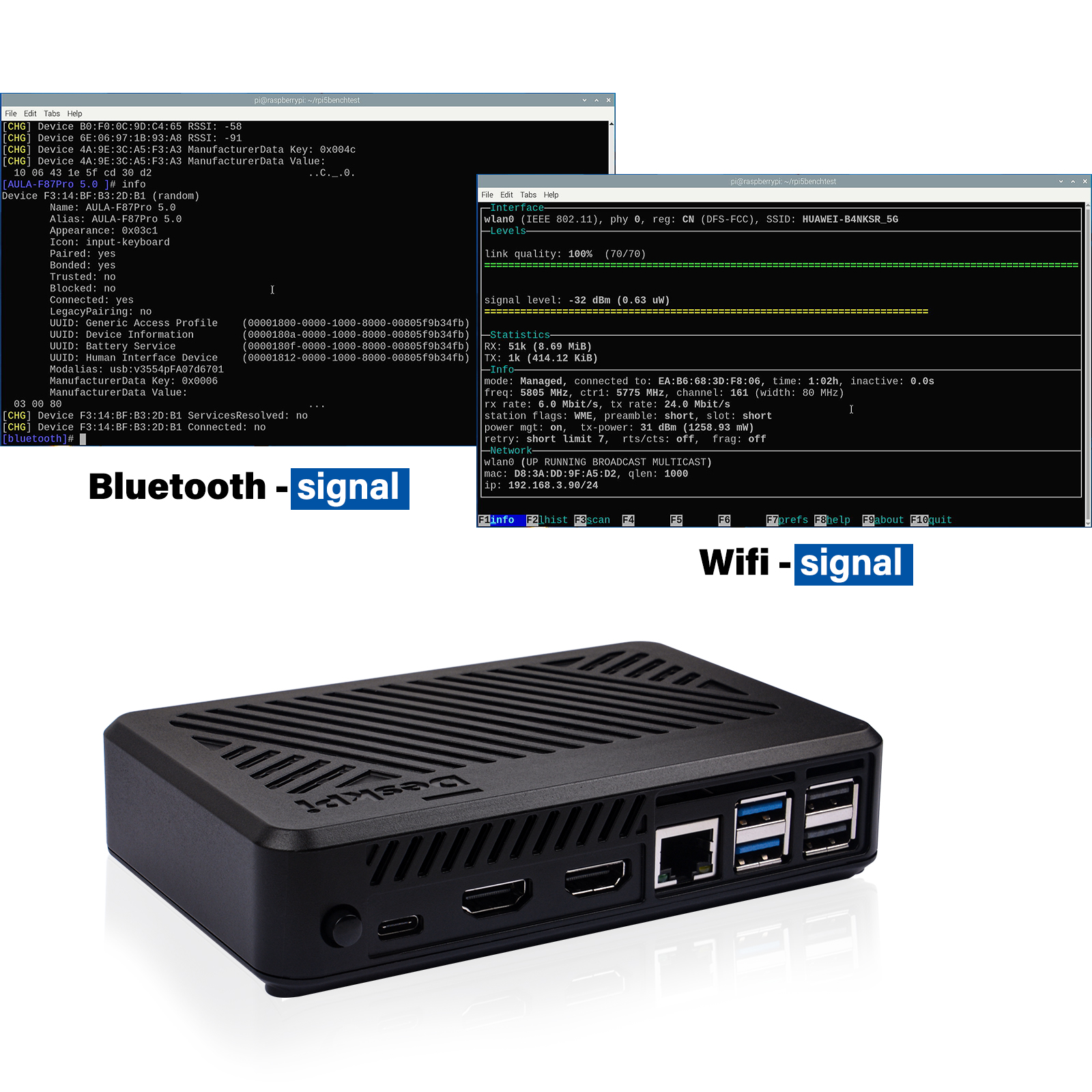 DeskPi Lite Pi 5 WiFi and Bluetooth signal demo