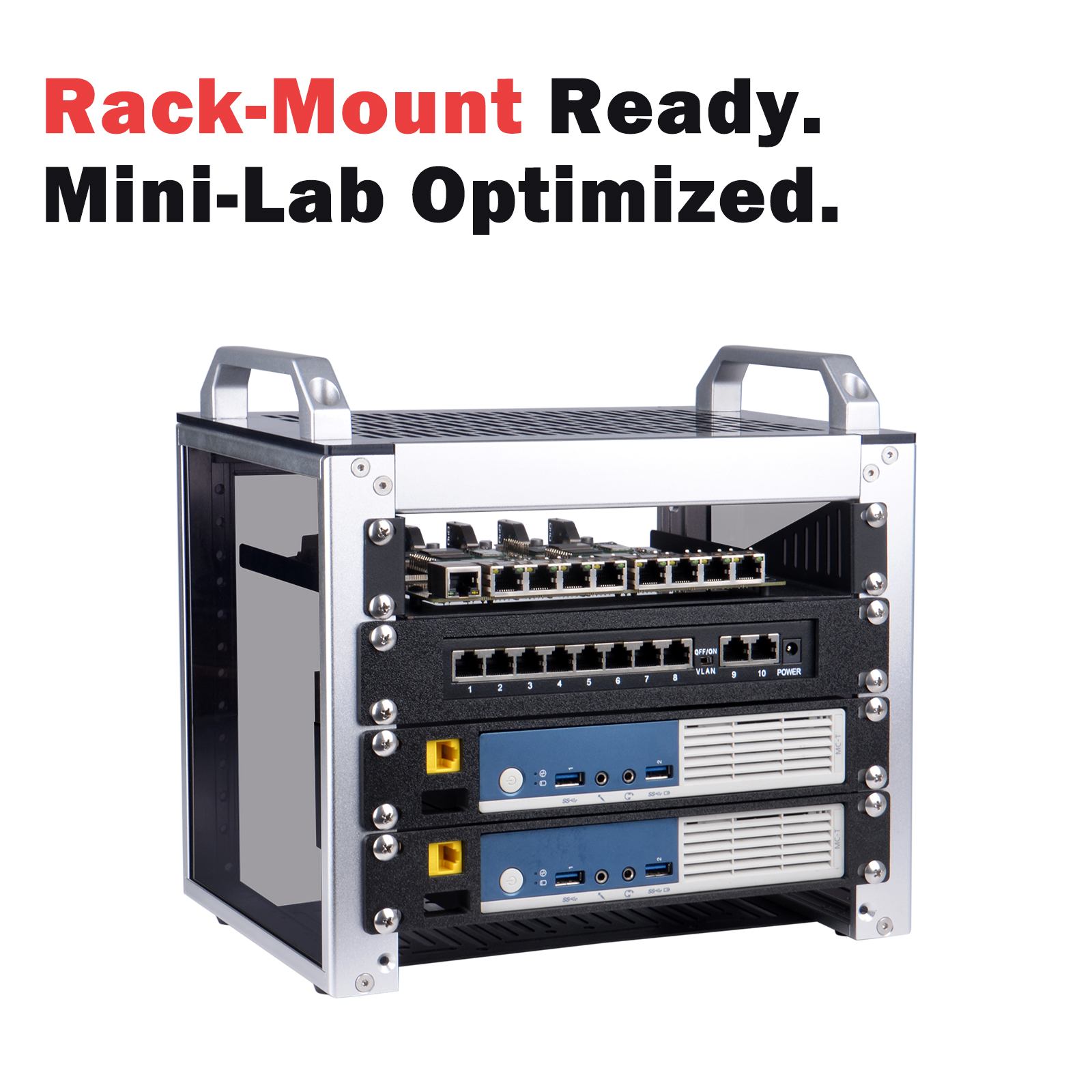 Super4C mounted in a RackMate T1 with switch and two mini-PCs